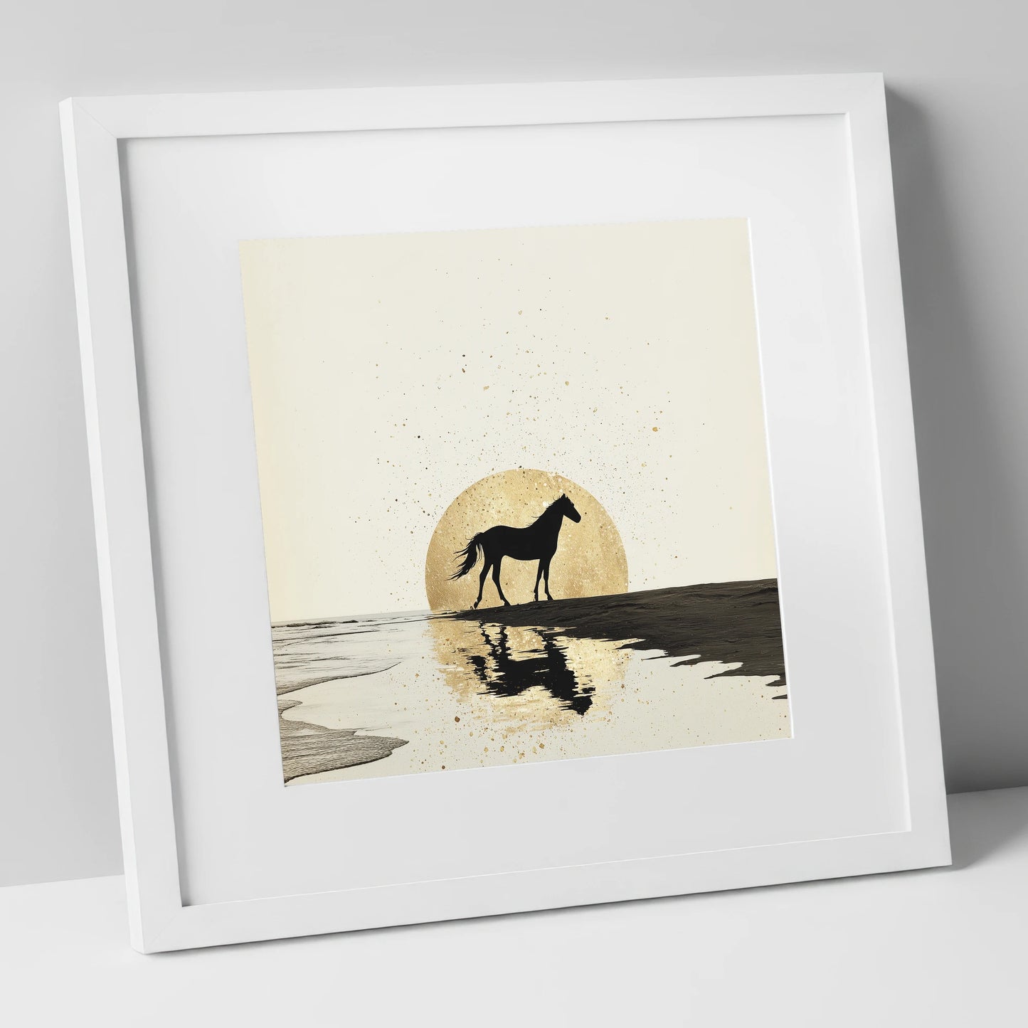 Gilded Shoreline Solitude horse landscape art print in white frame