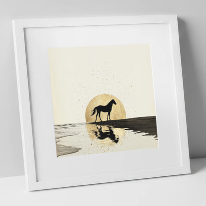 Gilded Shoreline Solitude horse landscape art print in white frame