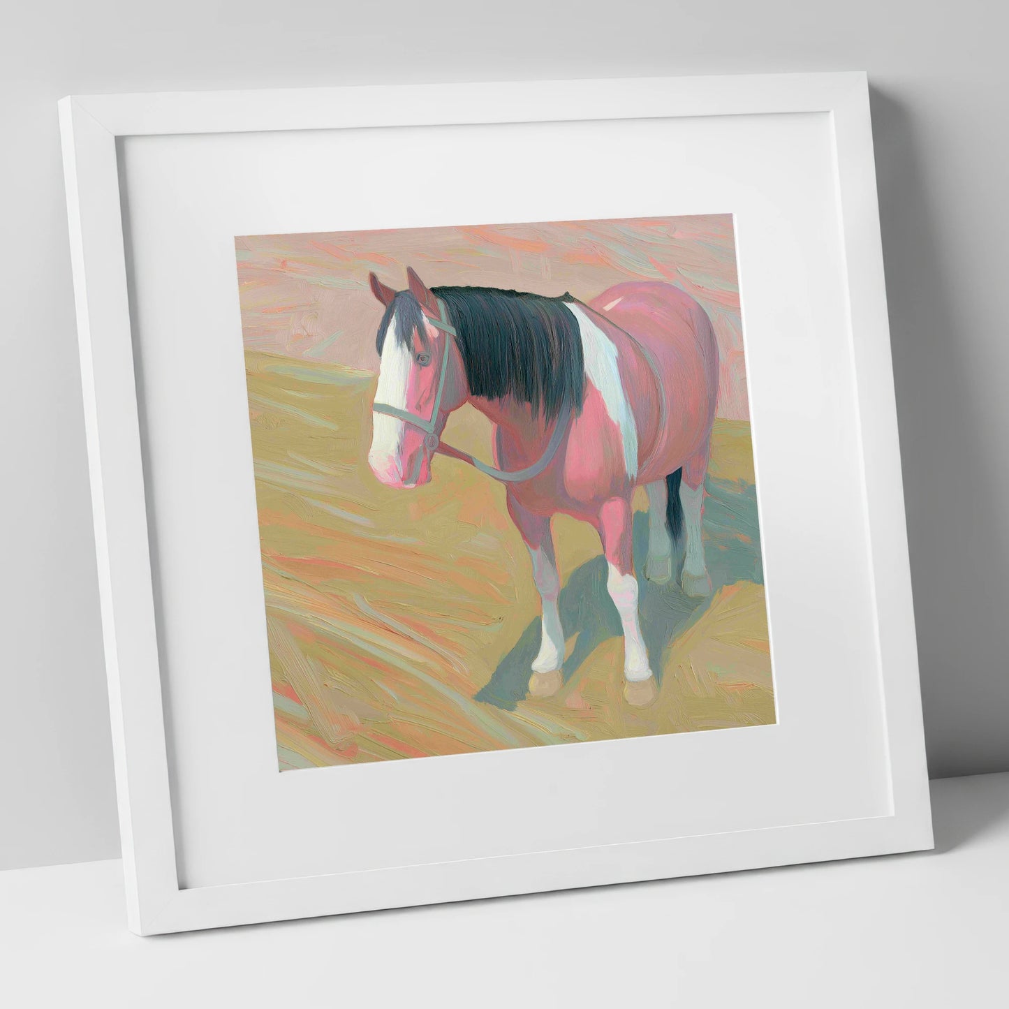 The Gentle Skewbald working horse art print in white frame