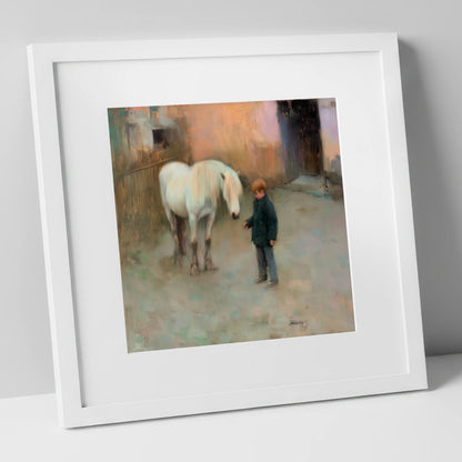 A Quiet Understanding horse & rider art print in white frame