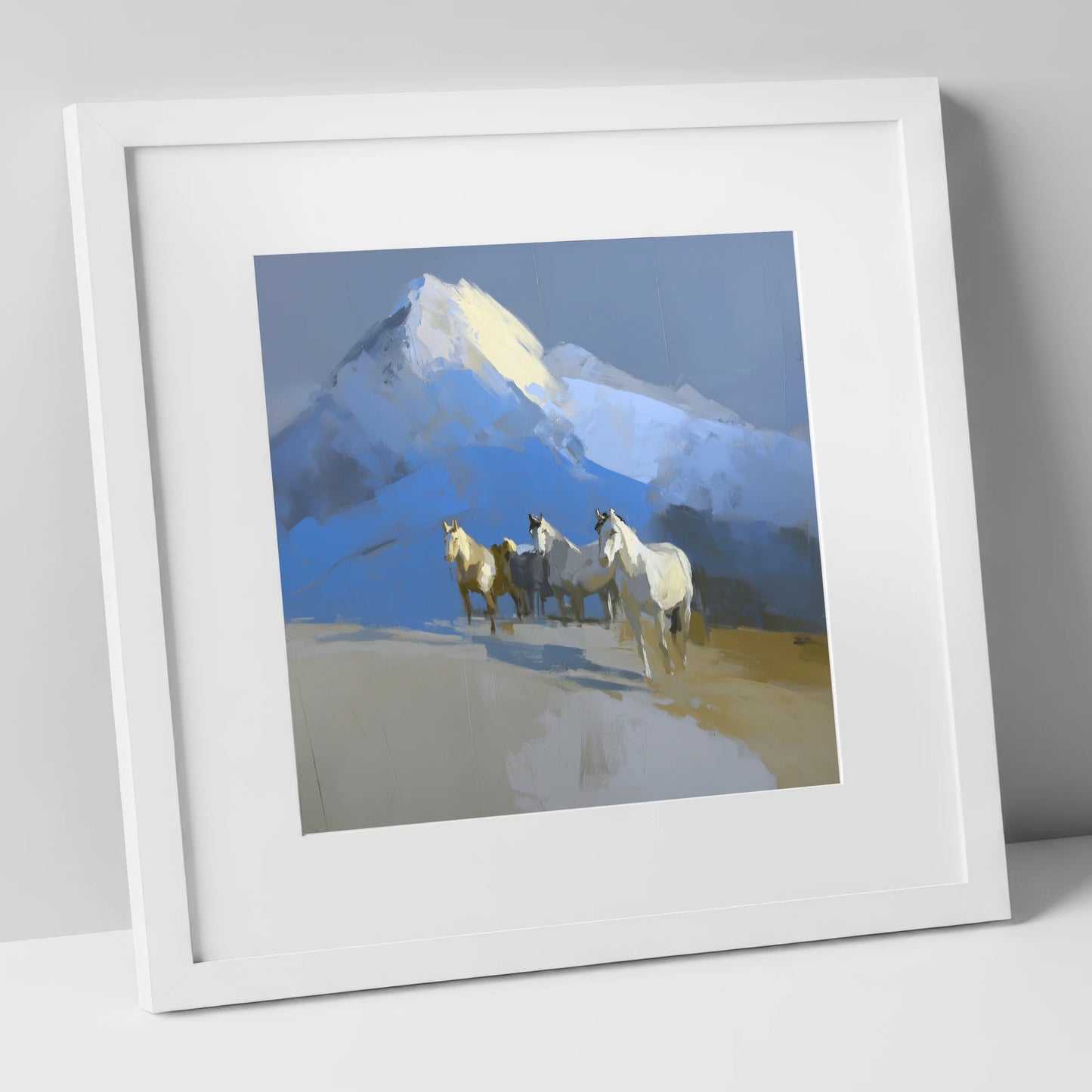 Sunlit Alpine Herd horse landscape art print in white frame