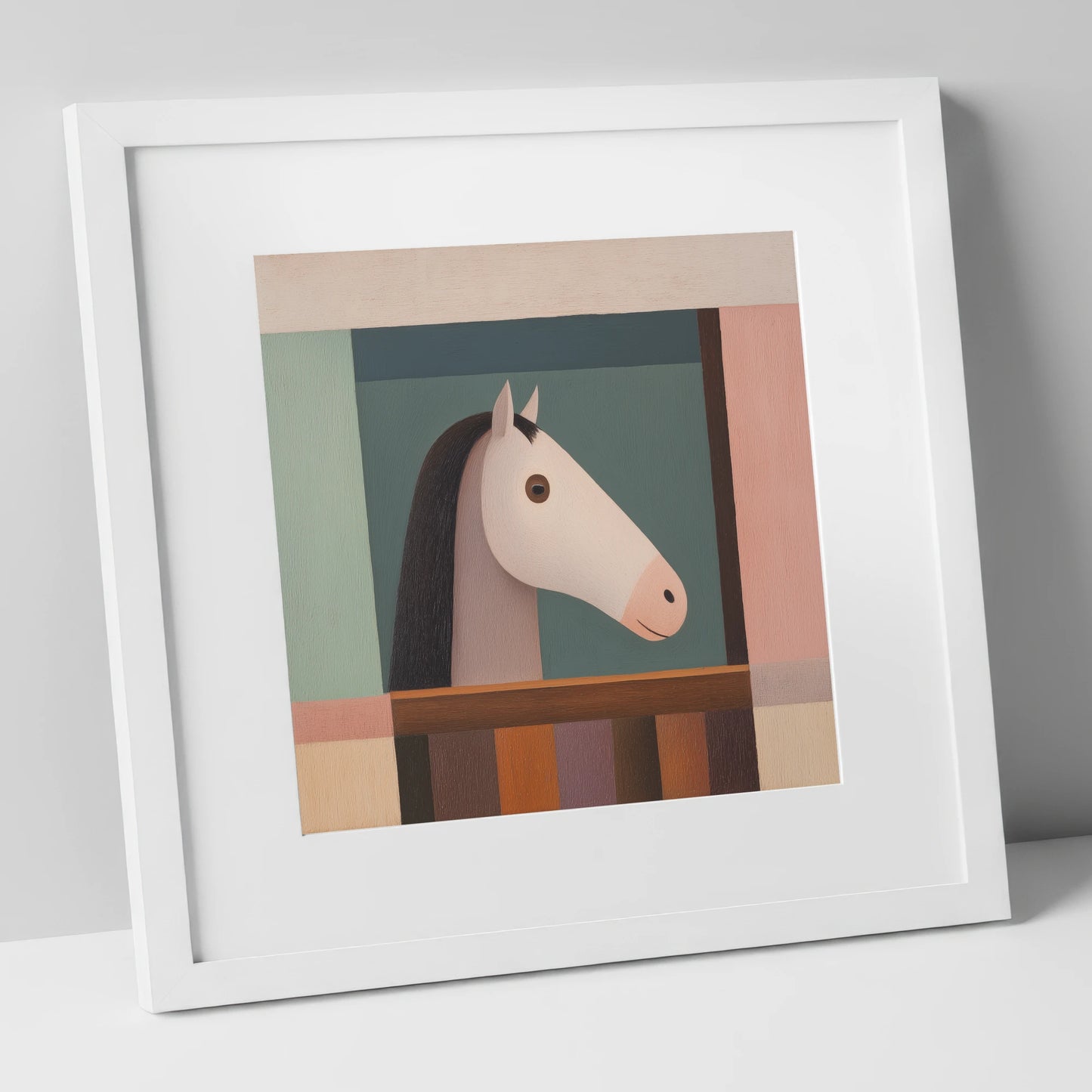 The Quiet Stable Companion horse stable art print in white frame