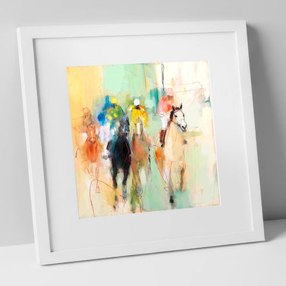 Thundering Silhouettes racing horse art print in white frame