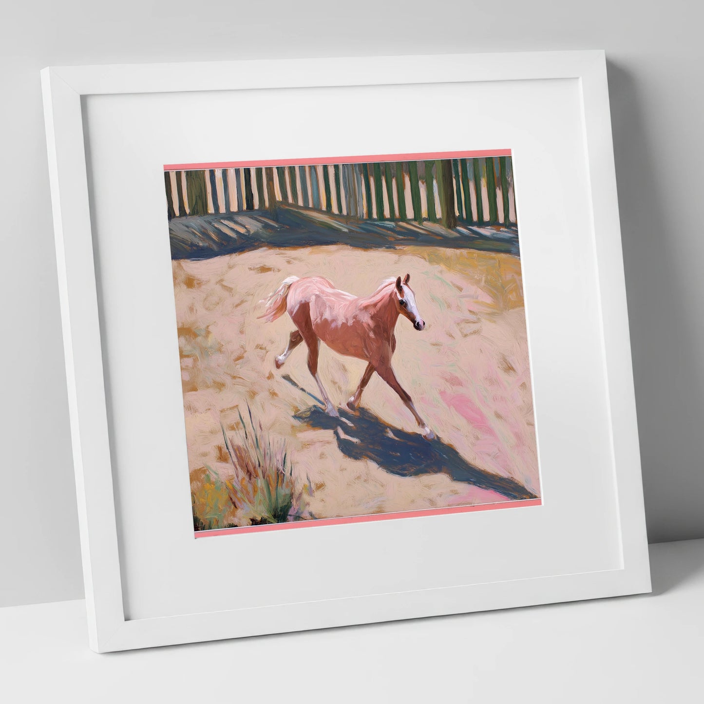 Sunlit Arena Stride horse breed art print in white frame