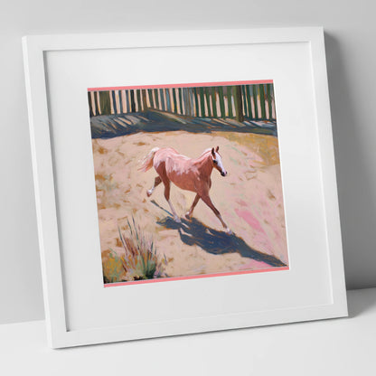 Sunlit Arena Stride horse breed art print in white frame
