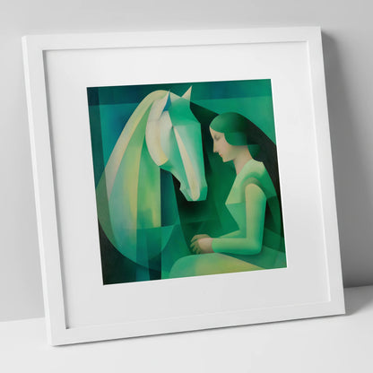 The Emerald Bond horse & rider art print in white frame