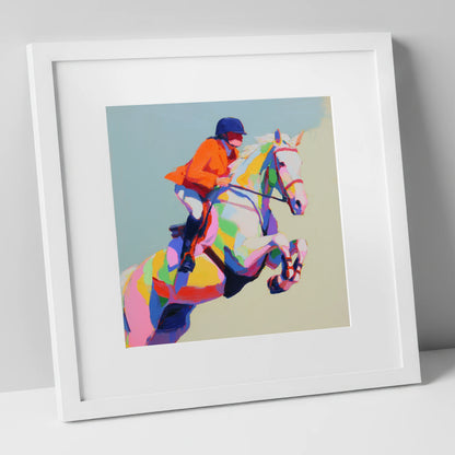 Chromatic Leap show jumping horse art print in white frame
