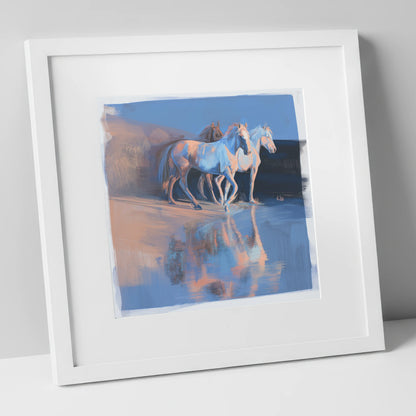Wild Reflections at Dawn wild horses art print in white frame