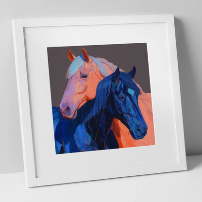 Indigo And Peach Companions horse landscape art print in white frame