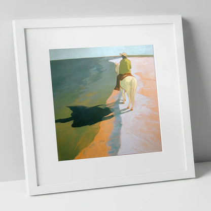 Tide Line Shadows beach horse art print in white frame