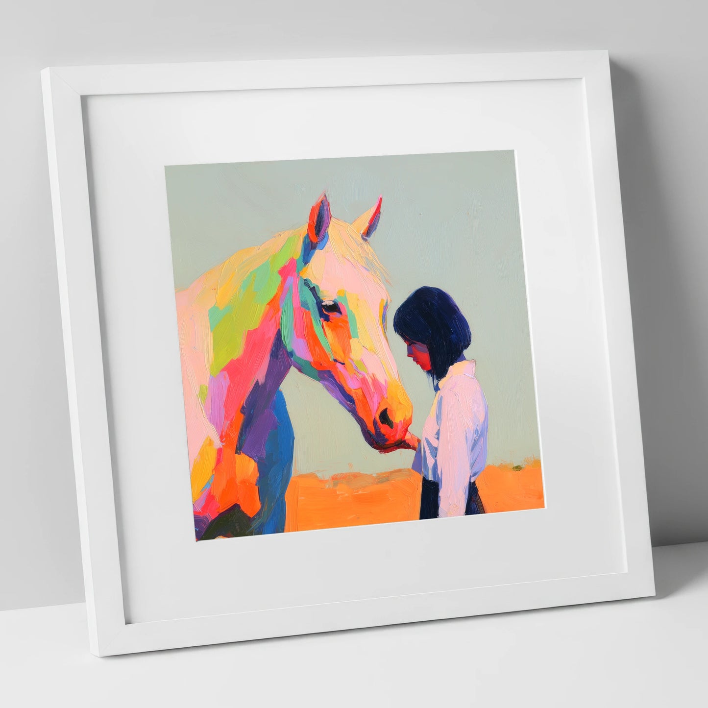 Vivid Connection horse & rider art print in white frame