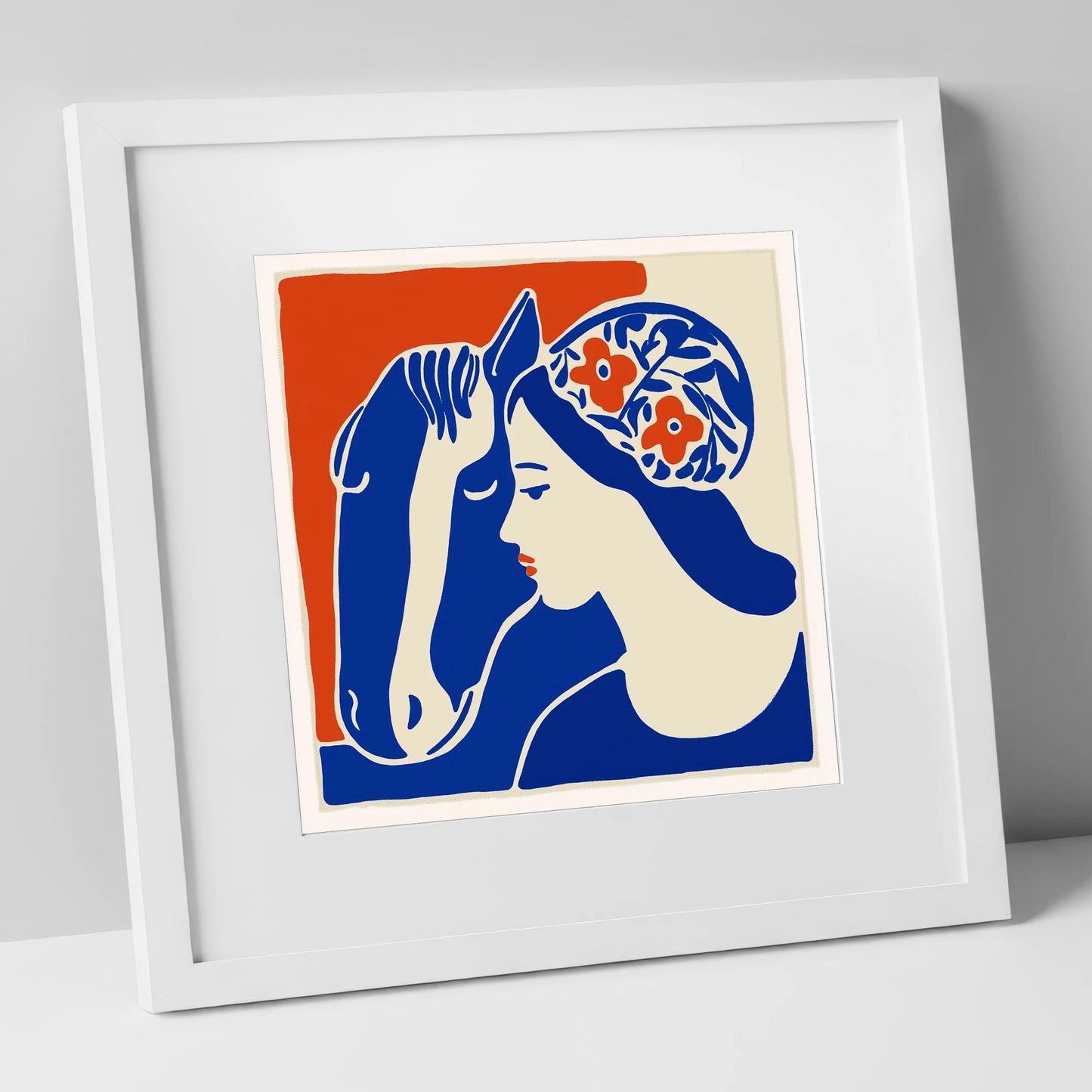 Cobalt Equine Bond horse & rider art print in white frame