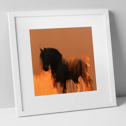 Black Friesian In Burnt Orange horse breed art print in white frame
