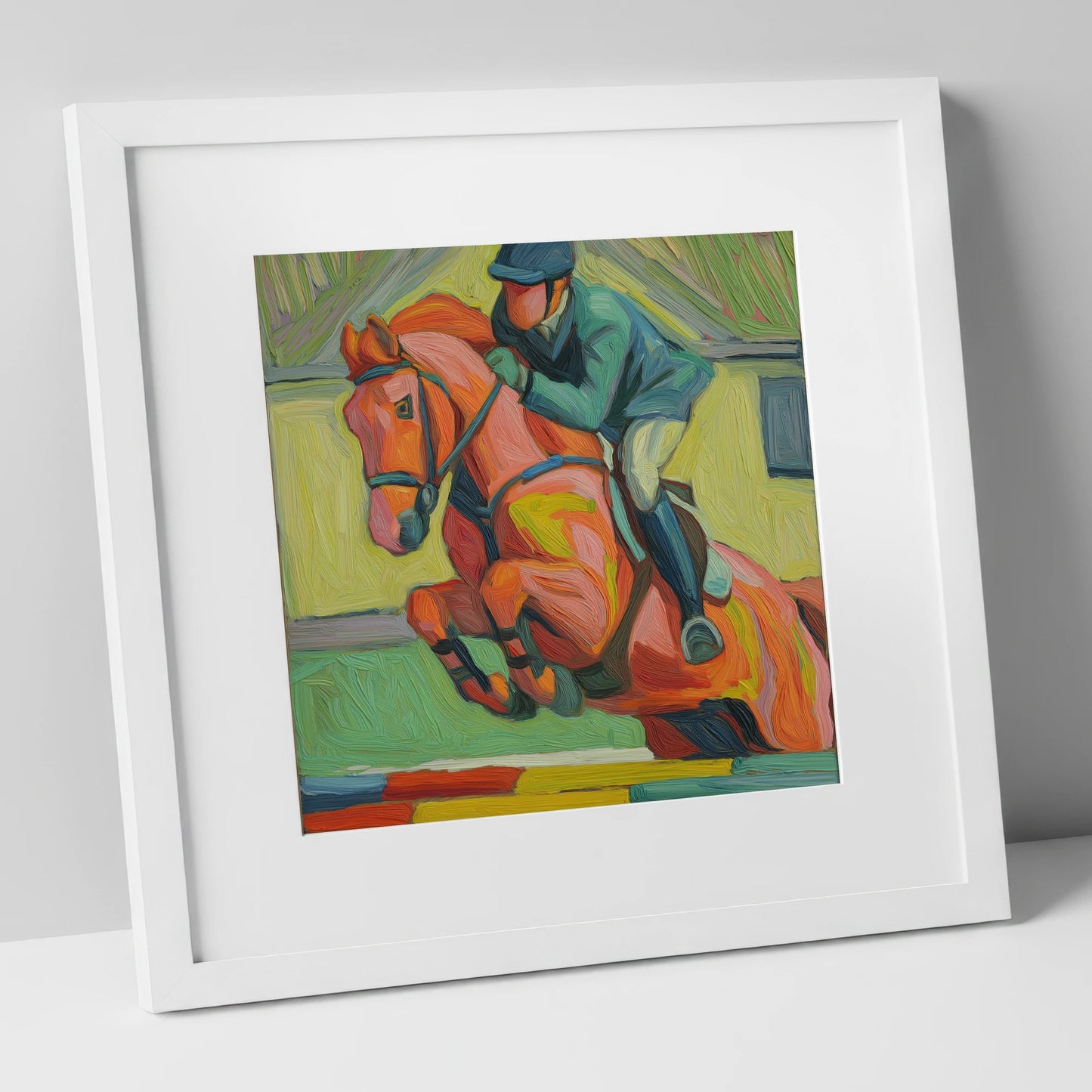 Clearing the Coloureds show jumping horse art print in white frame