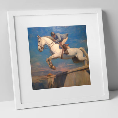Flight Over the Wall show jumping horse art print in white frame