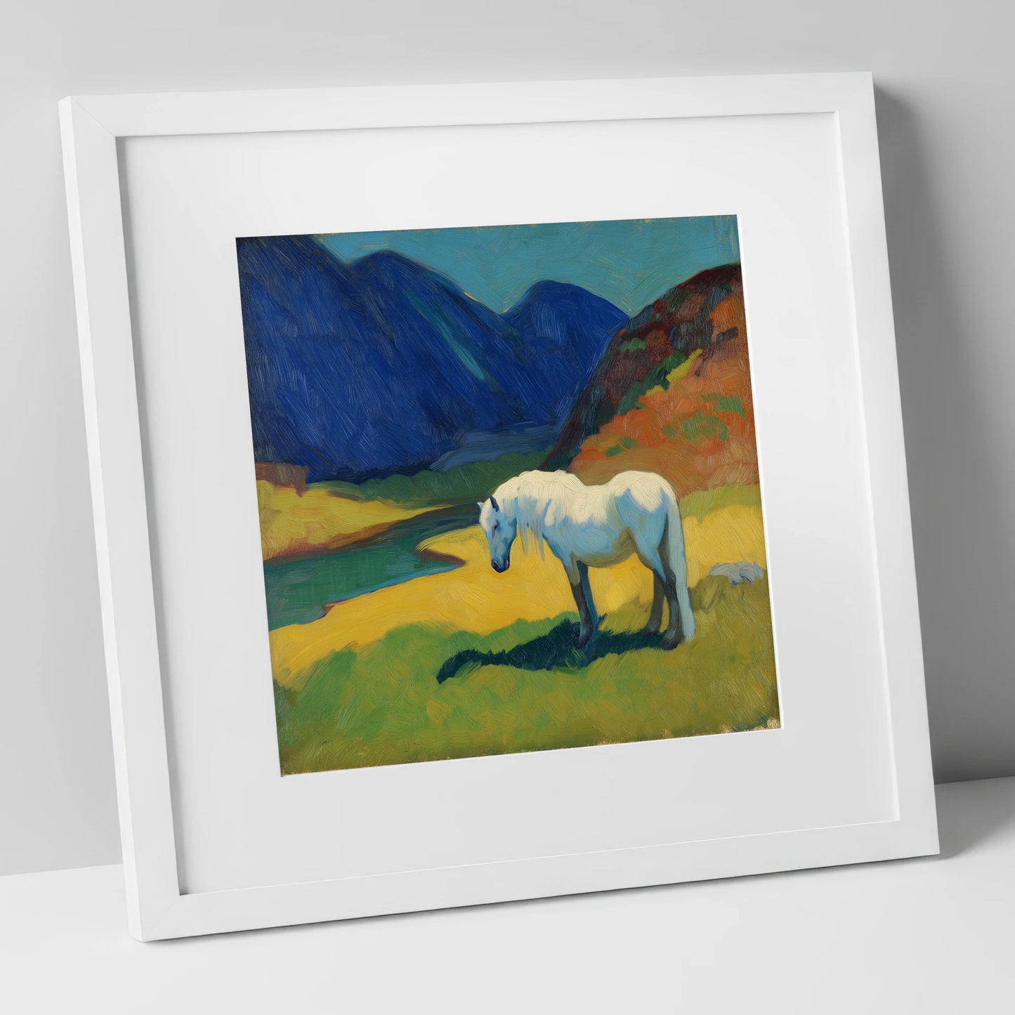 Vibrant Valley Grey horse landscape art print in white frame