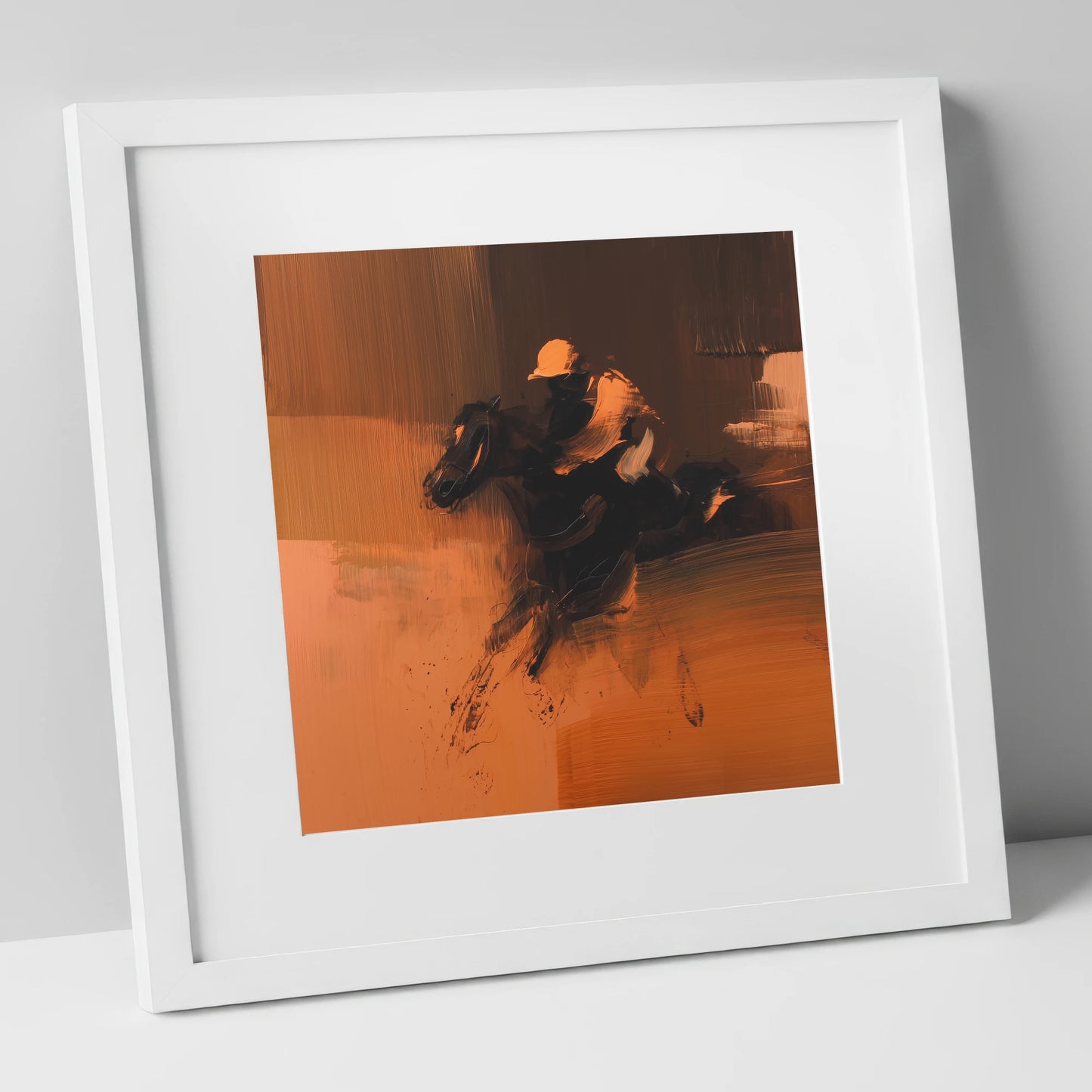 Amber Rush racing horse art print in white frame