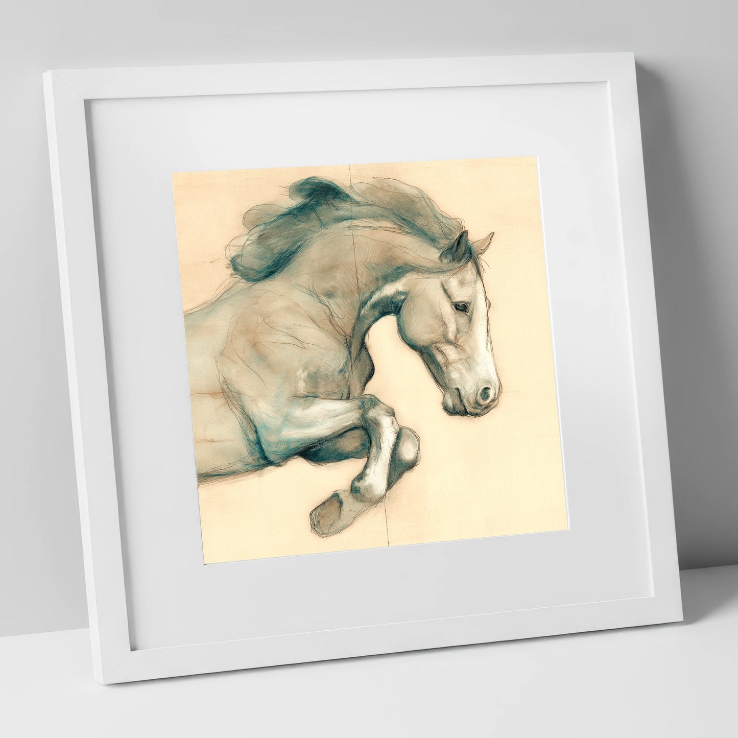Suspended Grace horse portrait art print in white frame