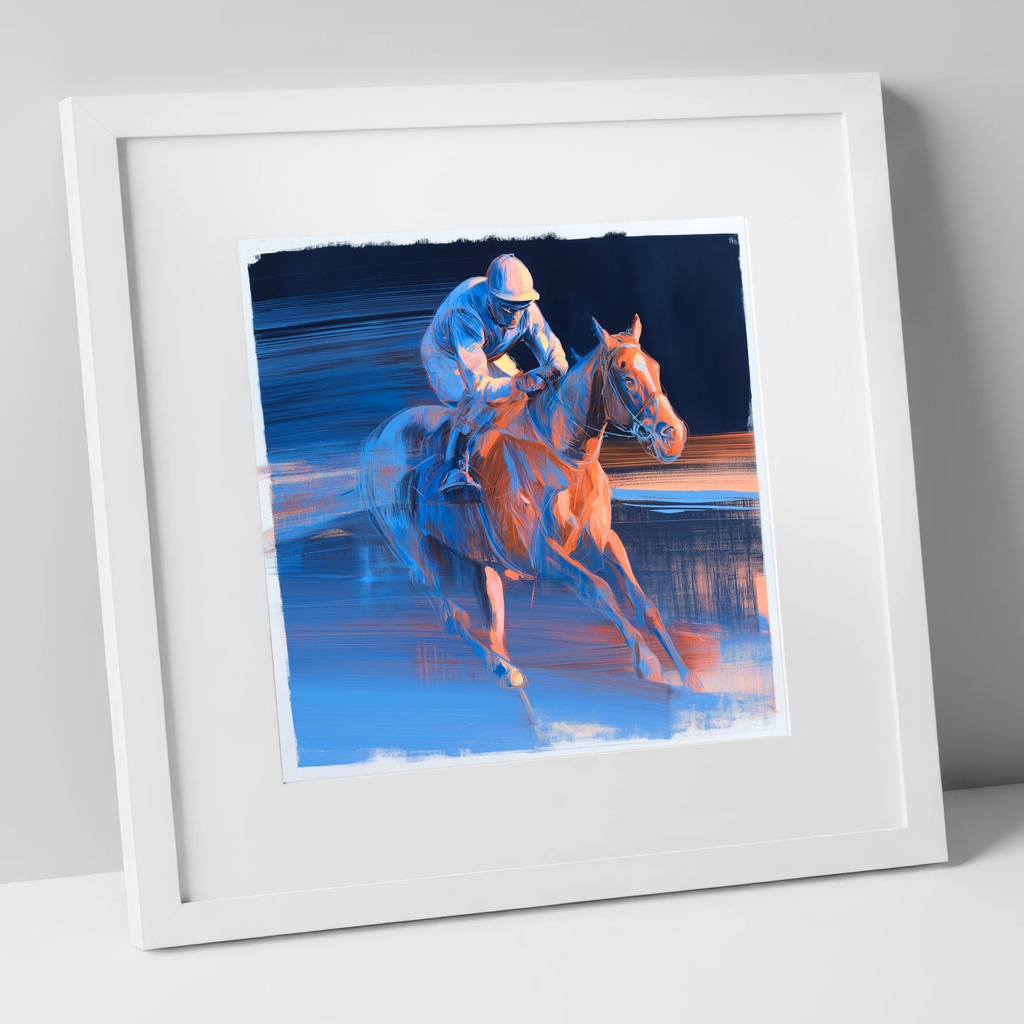 Twilight Stretch racing horse art print in white frame