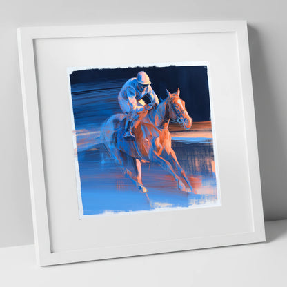 Twilight Stretch racing horse art print in white frame