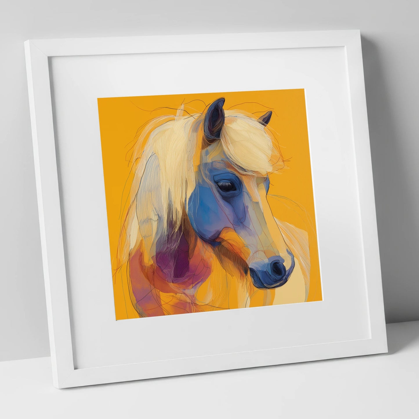Cobalt and Gold Contour horse breed art print in white frame