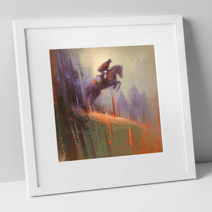 Flight Through the Haze show jumping horse art print in white frame