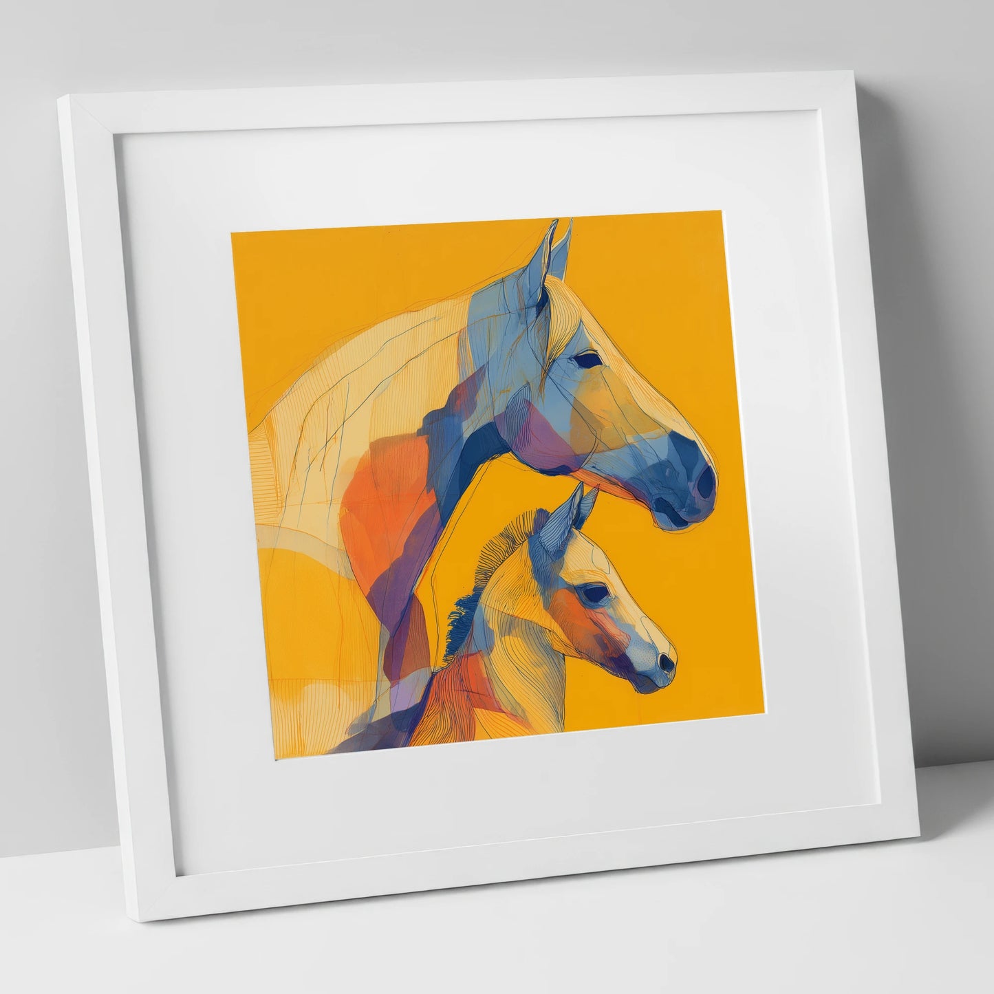 Golden Lineage mare & foal art print in white frame