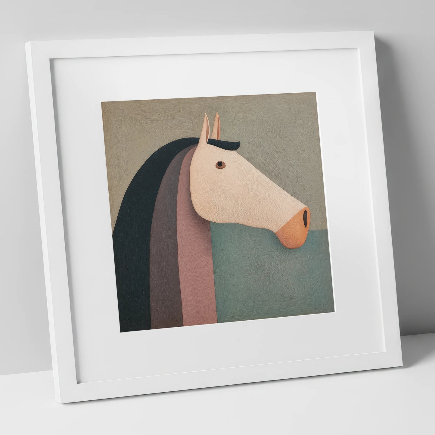 Earthy Equine Profile horse portrait art print in white frame