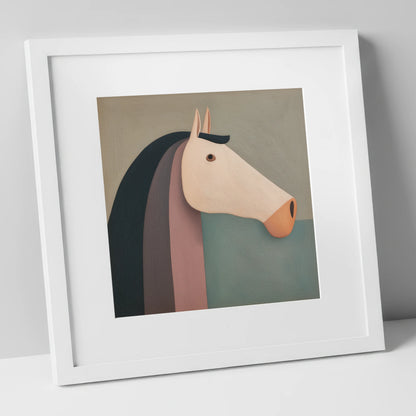 Earthy Equine Profile horse portrait art print in white frame