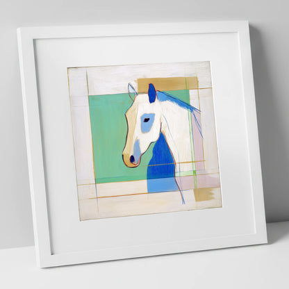 Geometric Azure Equine horse portrait art print in white frame