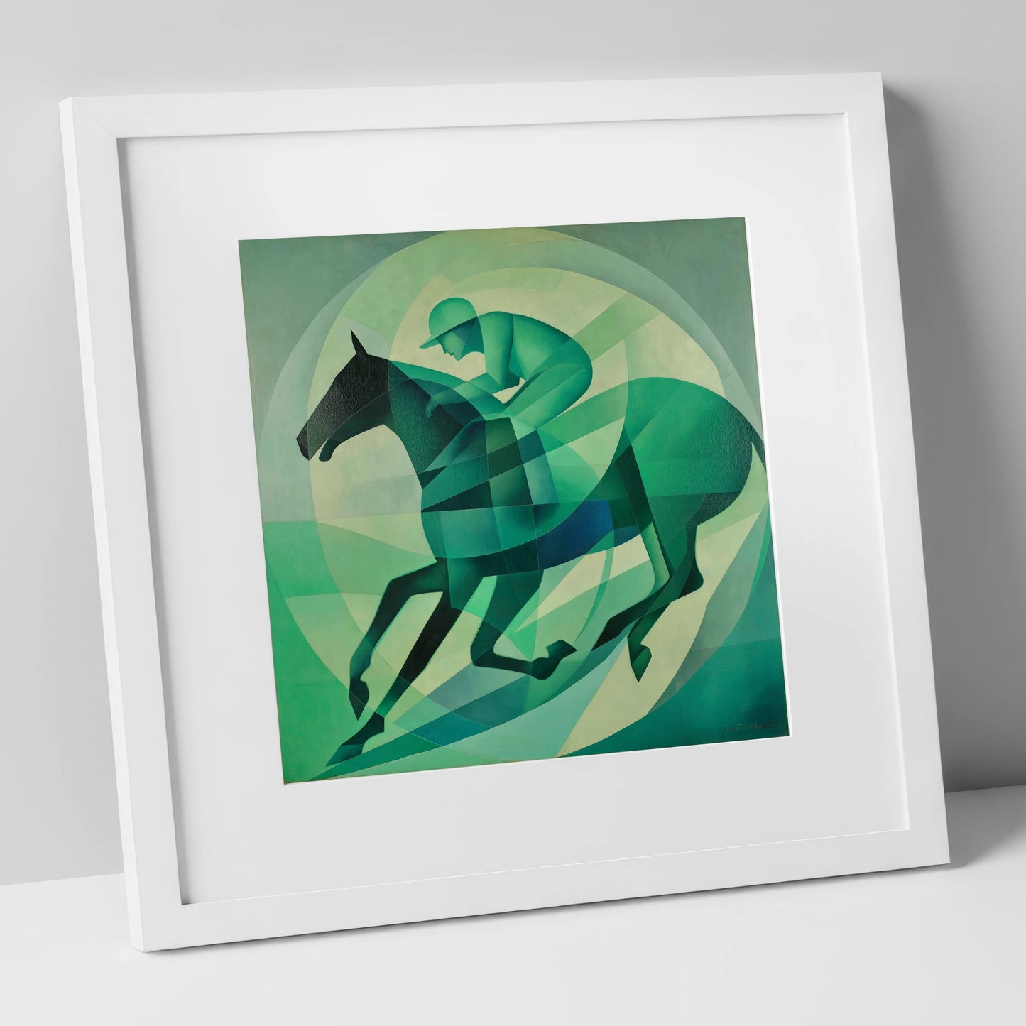 Emerald Rhythm racing horse art print in white frame