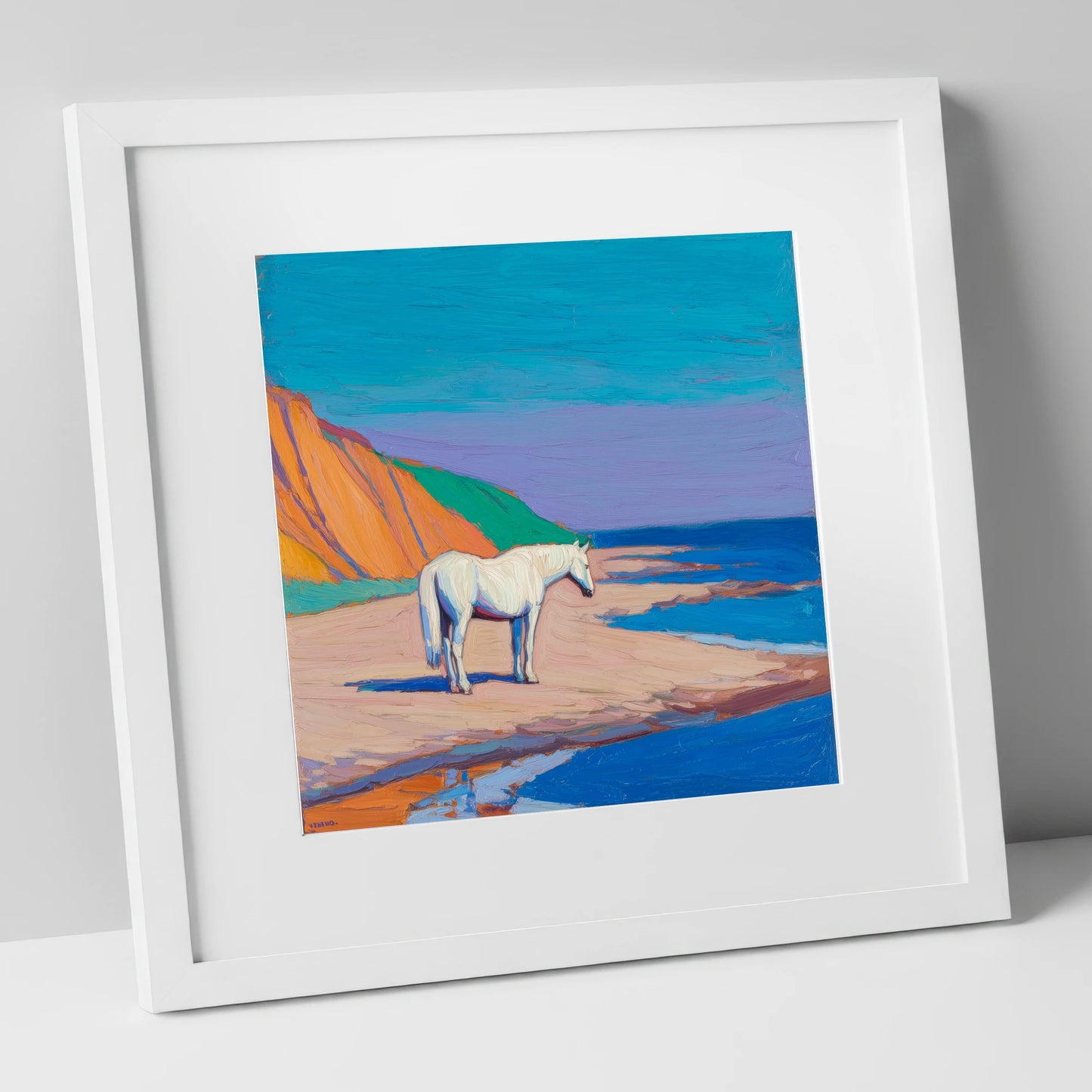 Vibrant Coastal Solitude horse landscape art print in white frame