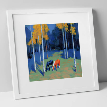 Birch Grove Grazing horse landscape art print in white frame