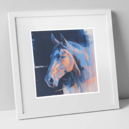 Cobalt and Copper Gaze horse portrait art print in white frame