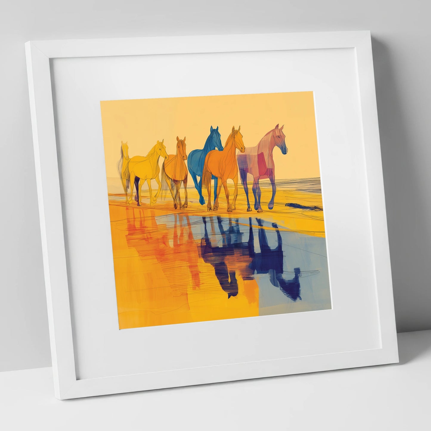 Vivid Equine Reflections horse landscape art print in white frame