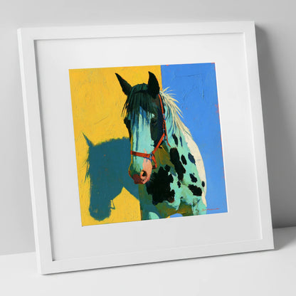 Spotted Horse with Teal Shadow horse breed art print in white frame