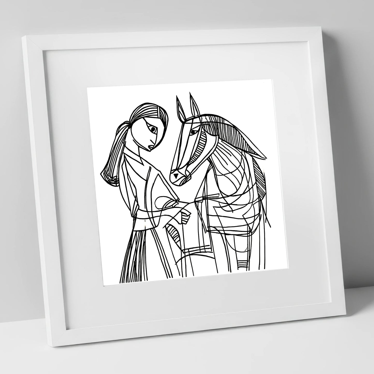 Lines of Connection horse & rider art print in white frame