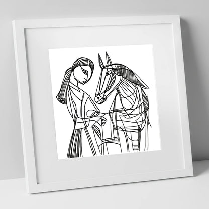 Lines of Connection horse & rider art print in white frame