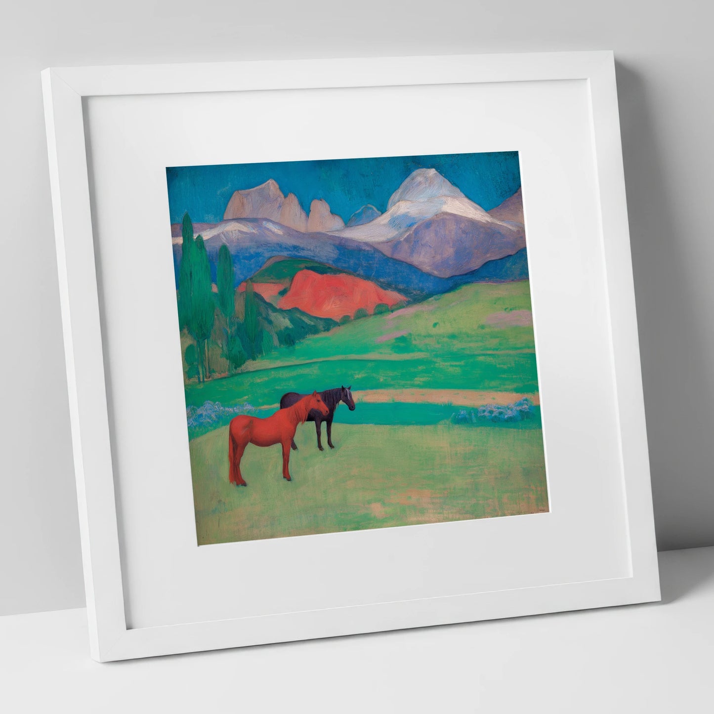 Crimson Mountain Companions horse landscape art print in white frame