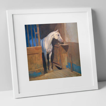 Solitude in the Stall horse stable art print in white frame