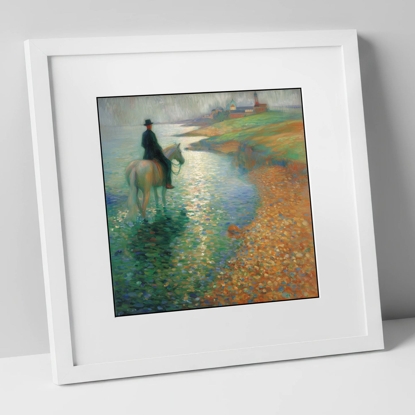 The Shimmering Shore beach horse art print in white frame