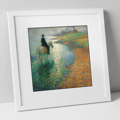 The Shimmering Shore beach horse art print in white frame