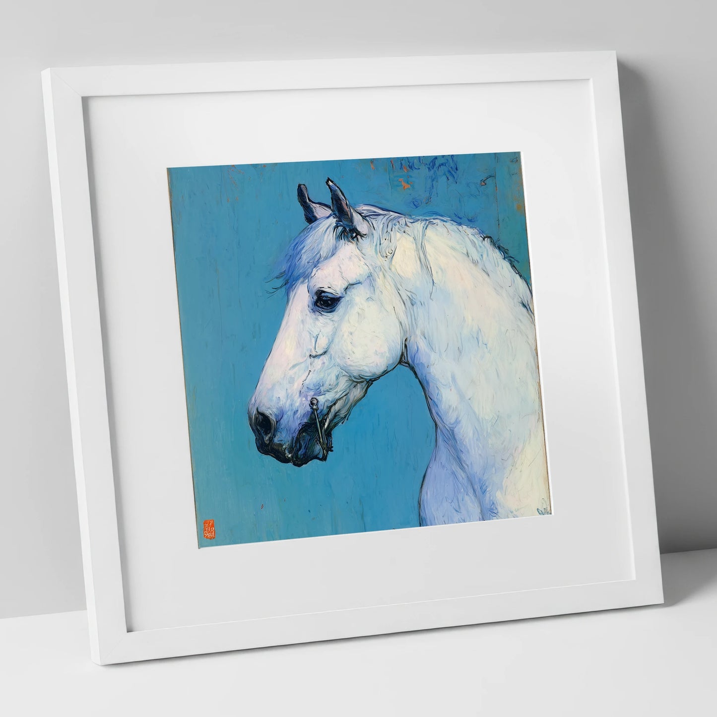 Cerulean Grey Profile horse portrait art print in white frame