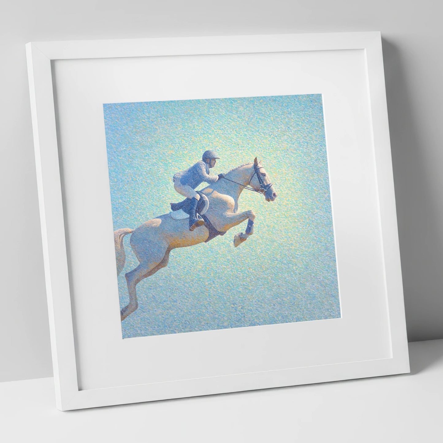 Luminous Ascent show jumping horse art print in white frame