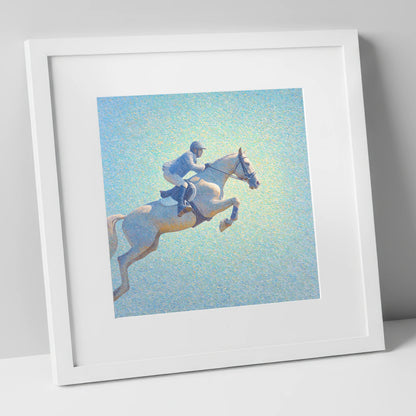 Luminous Ascent show jumping horse art print in white frame