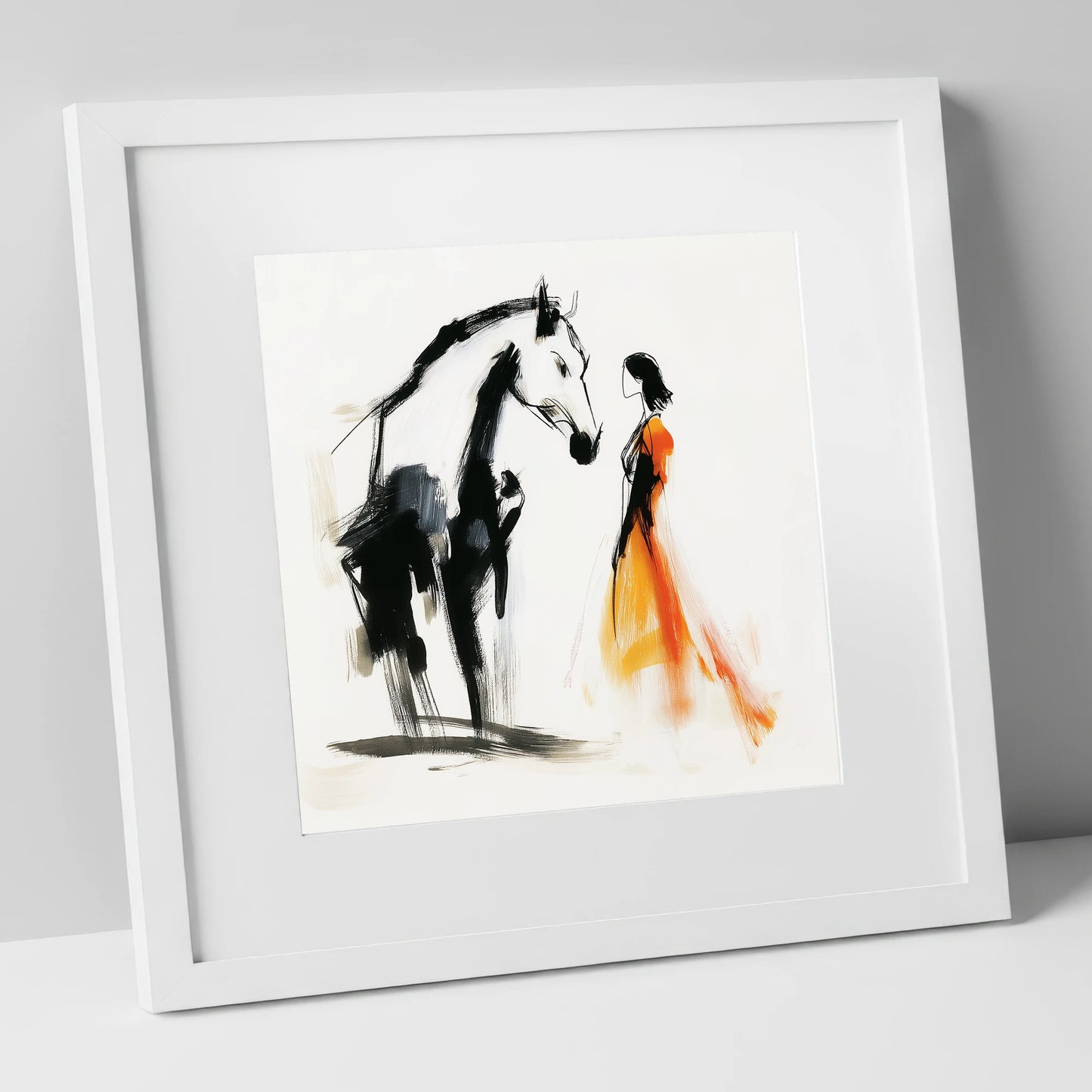 The Silent Connection horse & rider art print in white frame
