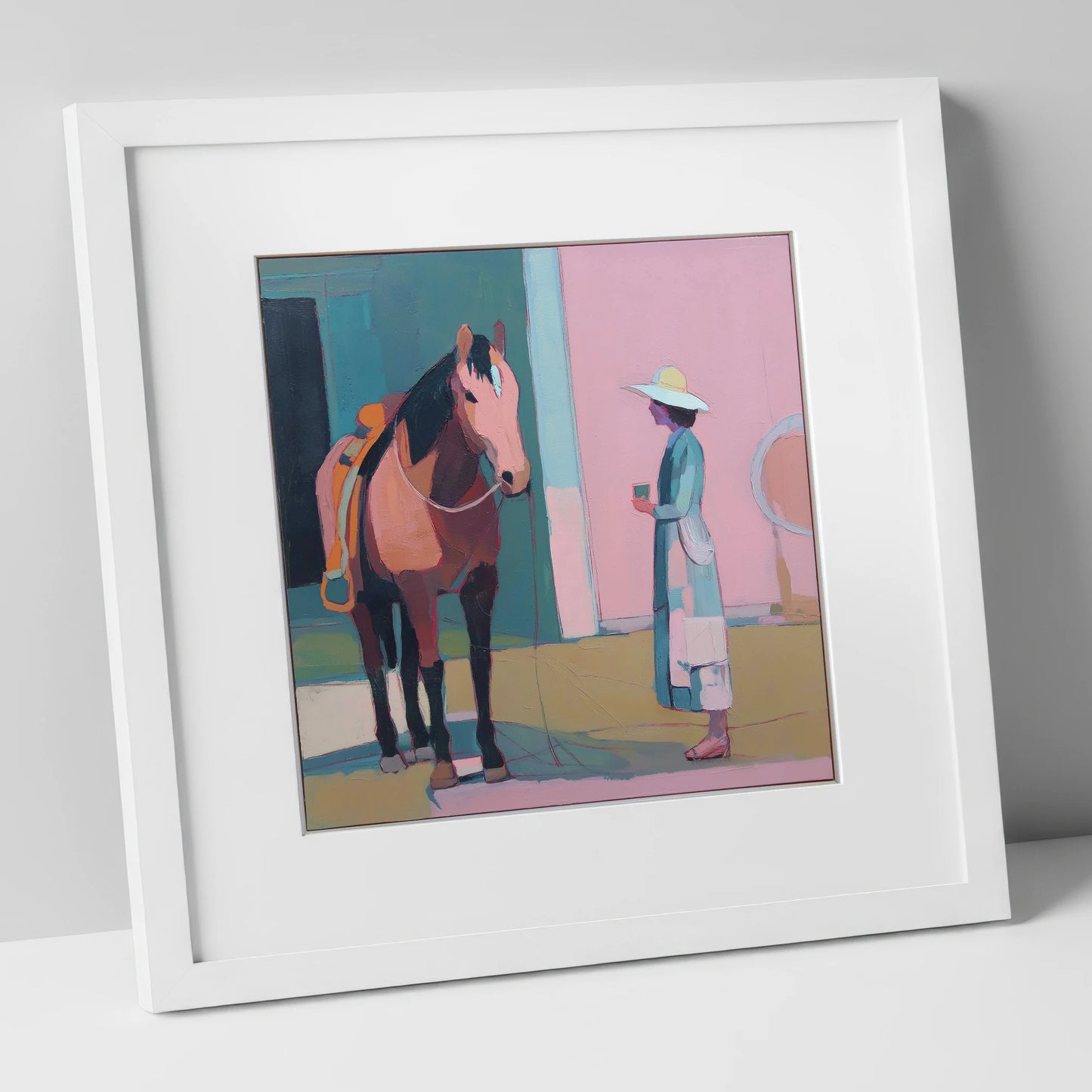 A Moment of Stillness horse & rider art print in white frame