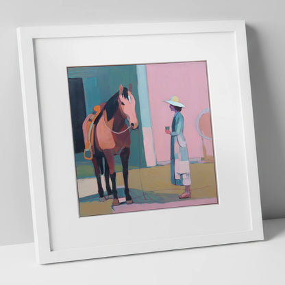 A Moment of Stillness horse & rider art print in white frame