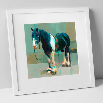 The Stoic Piebald horse breed art print in white frame
