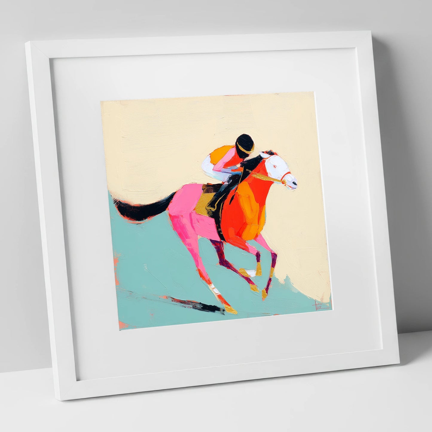 The Colour of Speed racing horse art print in white frame